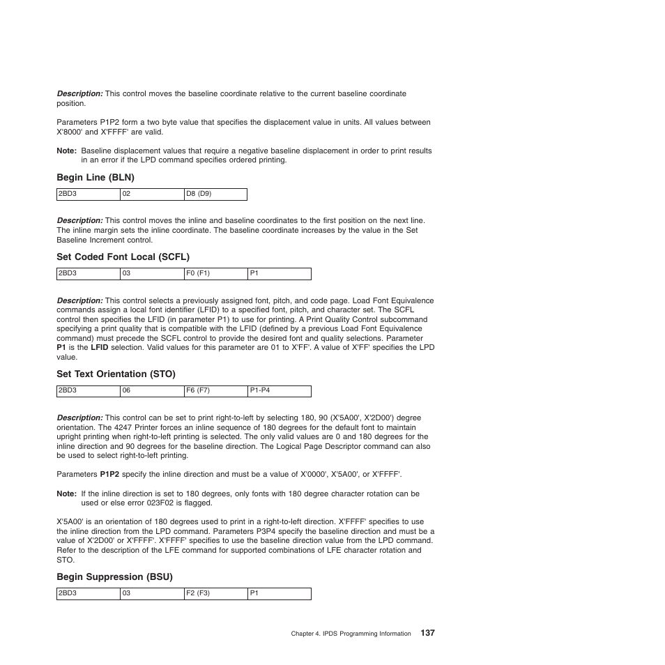 Begin line (bln), Set coded font local (scfl), Set text orientation (sto) | Begin suppression (bsu) | Compuprint 4247-Z03 Programmer Manual User Manual | Page 157 / 380