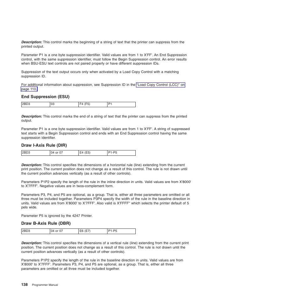 End suppression (esu), Draw i-axis rule (dir), Draw b-axis rule (dbr) | Compuprint 4247-Z03 Programmer Manual User Manual | Page 158 / 380