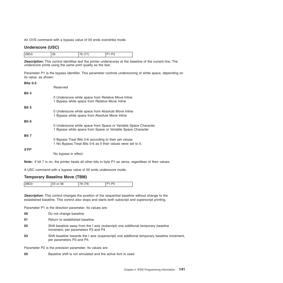 Underscore (usc), Temporary baseline move (tbm) | Compuprint 4247-Z03 Programmer Manual User Manual | Page 161 / 380