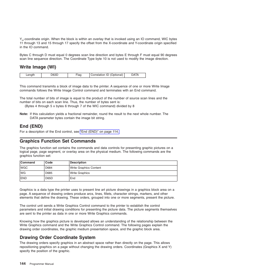 Write image (wi), End (end), Graphics function set commands | Drawing order coordinate system, Write image (wi) end (end) | Compuprint 4247-Z03 Programmer Manual User Manual | Page 164 / 380