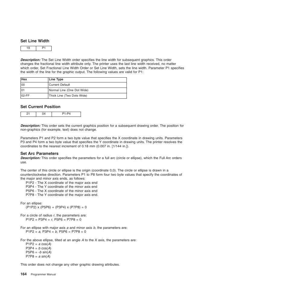 Set line width, Set current position, Set arc parameters | Compuprint 4247-Z03 Programmer Manual User Manual | Page 184 / 380