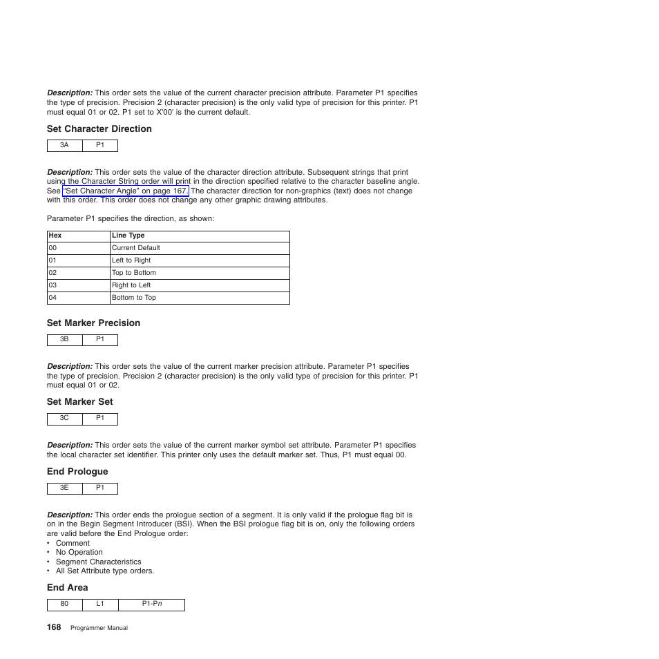 Set character direction, Set marker precision, Set marker set | End prologue, End area | Compuprint 4247-Z03 Programmer Manual User Manual | Page 188 / 380