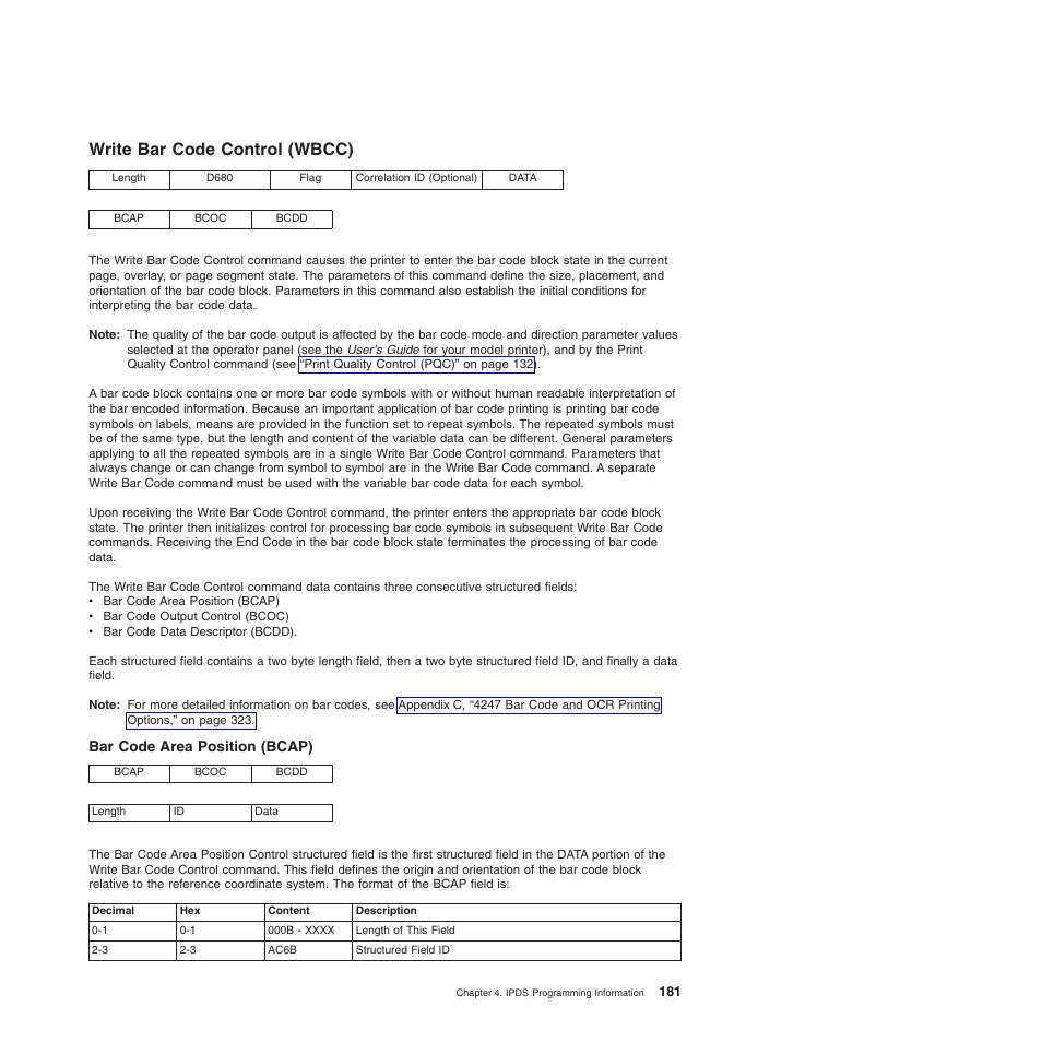 Write bar code control (wbcc), Bar code area position (bcap) | Compuprint 4247-Z03 Programmer Manual User Manual | Page 201 / 380