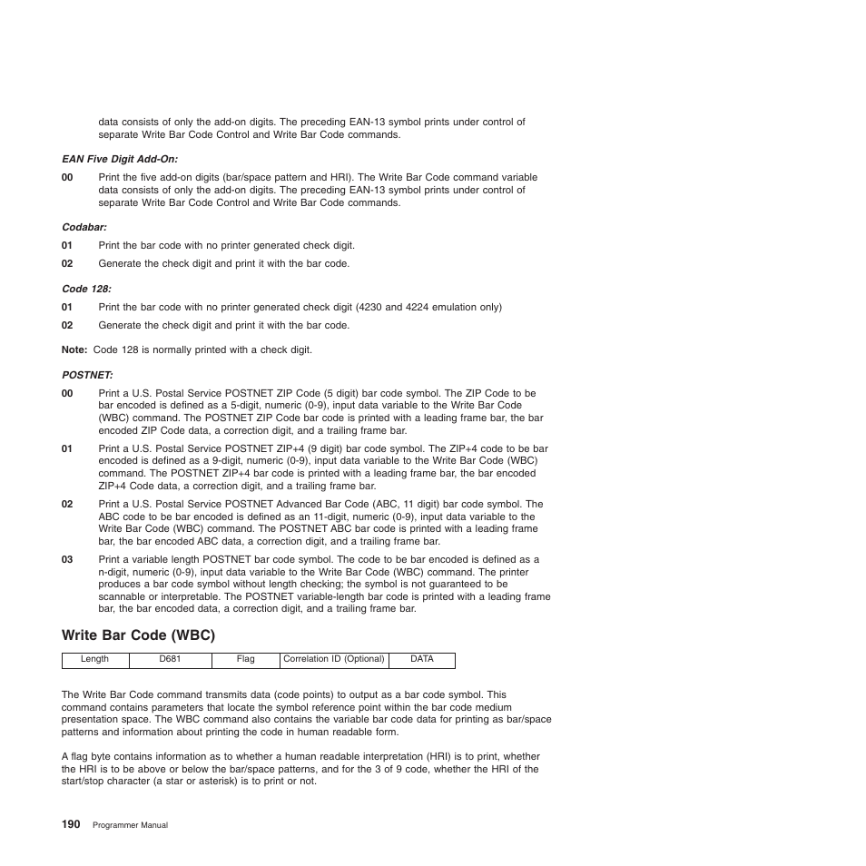 Write bar code (wbc) | Compuprint 4247-Z03 Programmer Manual User Manual | Page 210 / 380