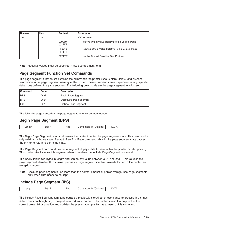 Page segment function set commands, Begin page segment (bps), Include page segment (ips) | Compuprint 4247-Z03 Programmer Manual User Manual | Page 215 / 380