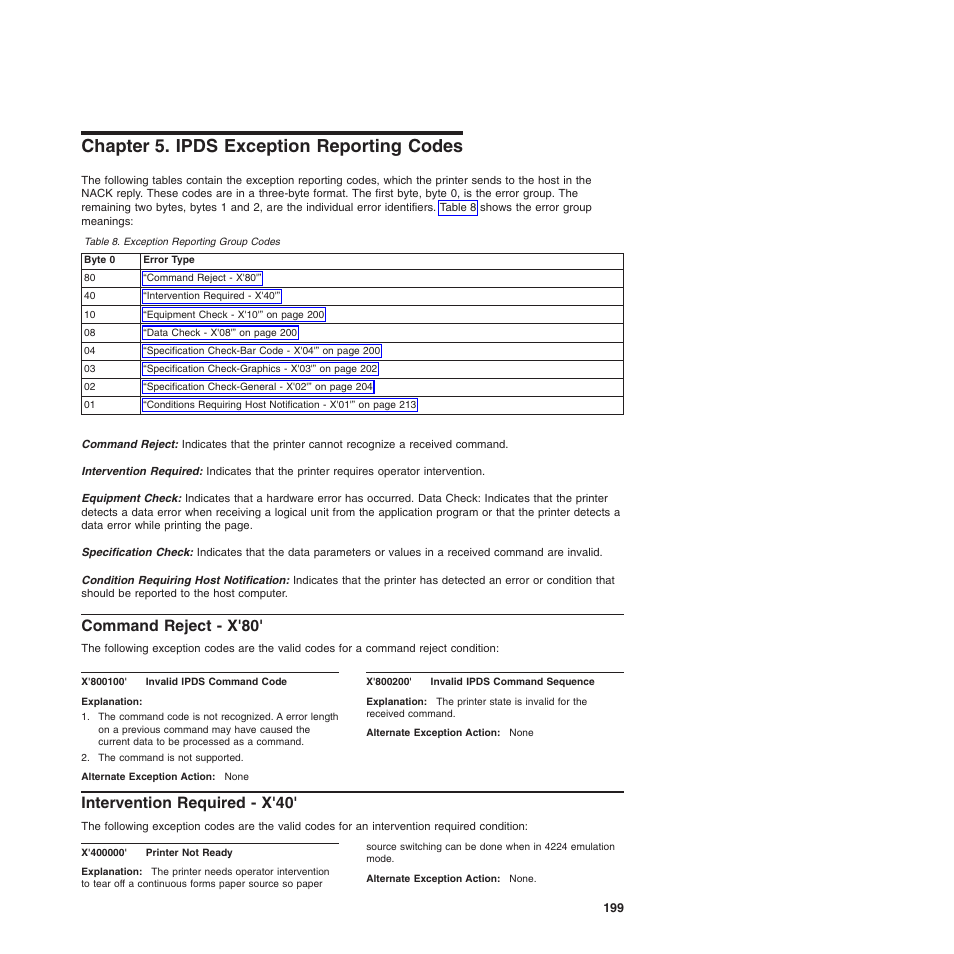 Chapter 5. ipds exception reporting codes, Command reject - x'80, Intervention required - x'40 | Exception reporting group codes | Compuprint 4247-Z03 Programmer Manual User Manual | Page 219 / 380