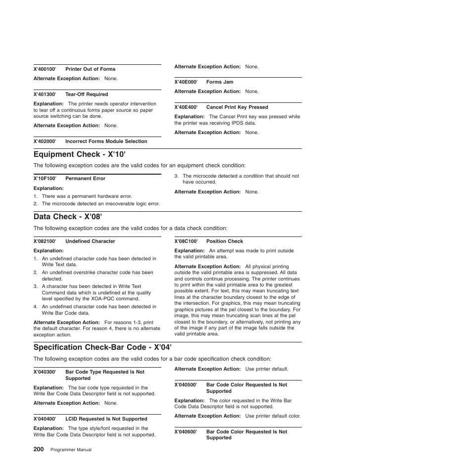 Equipment check - x'10, Data check - x'08, Specification check-bar code - x'04 | Equipment check - x'10' data check - x'08 | Compuprint 4247-Z03 Programmer Manual User Manual | Page 220 / 380