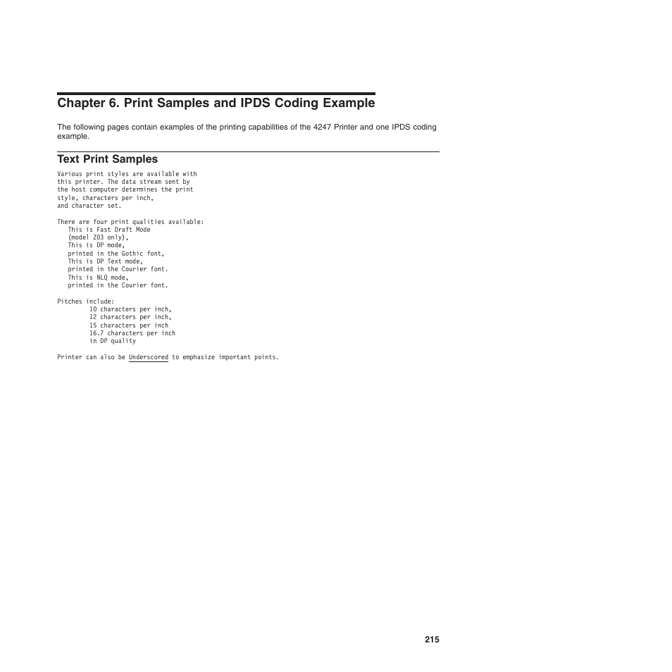 Chapter 6. print samples and ipds coding example, Text print samples | Compuprint 4247-Z03 Programmer Manual User Manual | Page 235 / 380