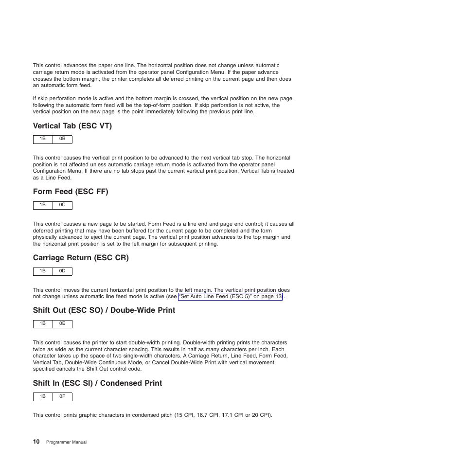 Vertical tab (esc vt), Form feed (esc ff), Carriage return (esc cr) | Shift out (esc so) / doube-wide print, Shift in (esc si) / condensed print | Compuprint 4247-Z03 Programmer Manual User Manual | Page 30 / 380