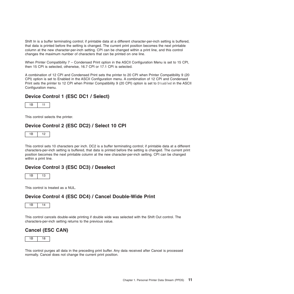 Device control 1 (esc dc1 / select), Device control 2 (esc dc2) / select 10 cpi, Device control 3 (esc dc3) / deselect | Cancel (esc can) | Compuprint 4247-Z03 Programmer Manual User Manual | Page 31 / 380