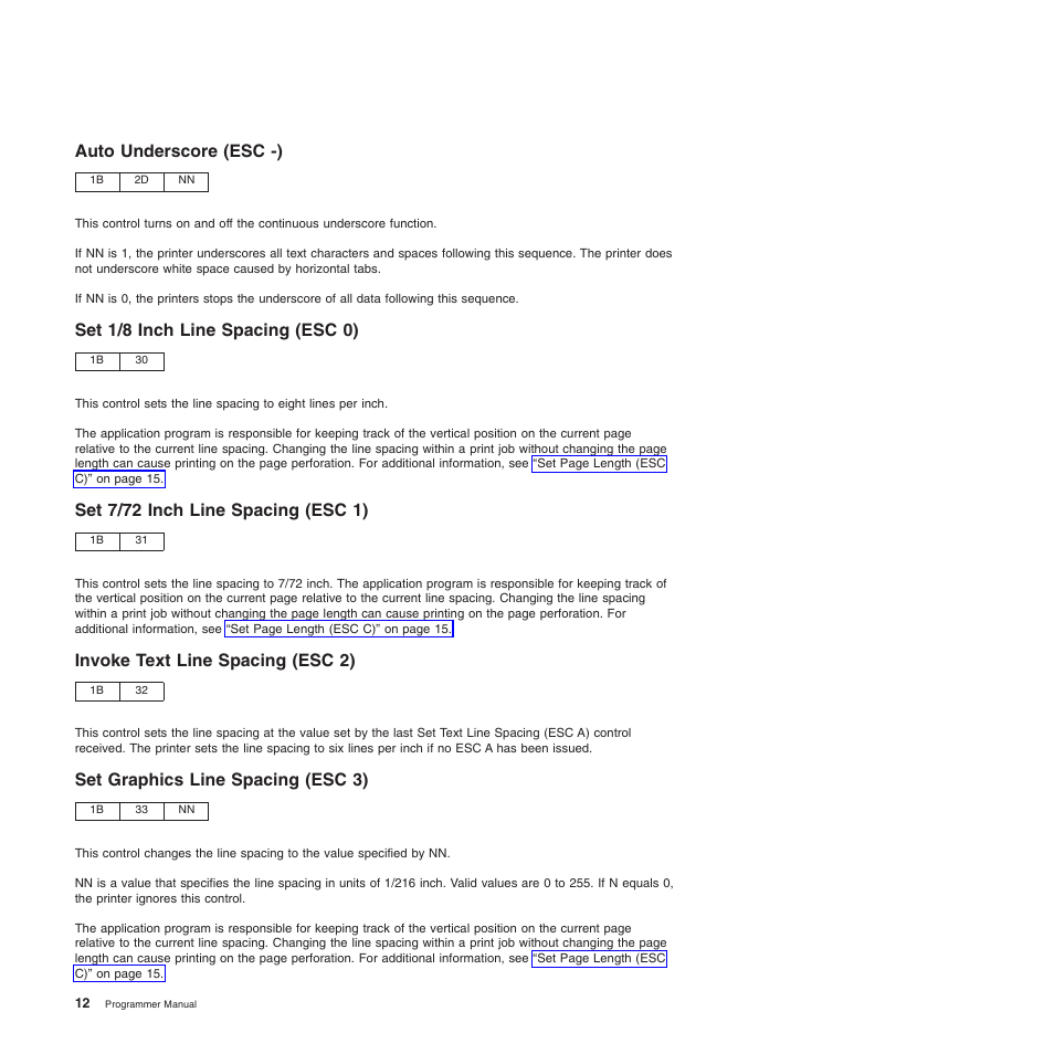 Auto underscore (esc -), Set 1/8 inch line spacing (esc 0), Set 7/72 inch line spacing (esc 1) | Invoke text line spacing (esc 2), Set graphics line spacing (esc 3) | Compuprint 4247-Z03 Programmer Manual User Manual | Page 32 / 380