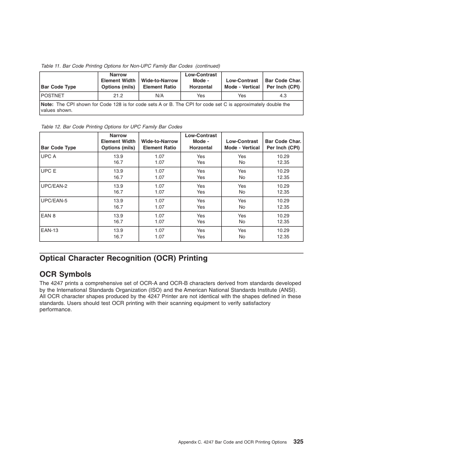 Optical character recognition (ocr) printing, Ocr symbols, Bar code printing options for upc family bar codes | Compuprint 4247-Z03 Programmer Manual User Manual | Page 345 / 380