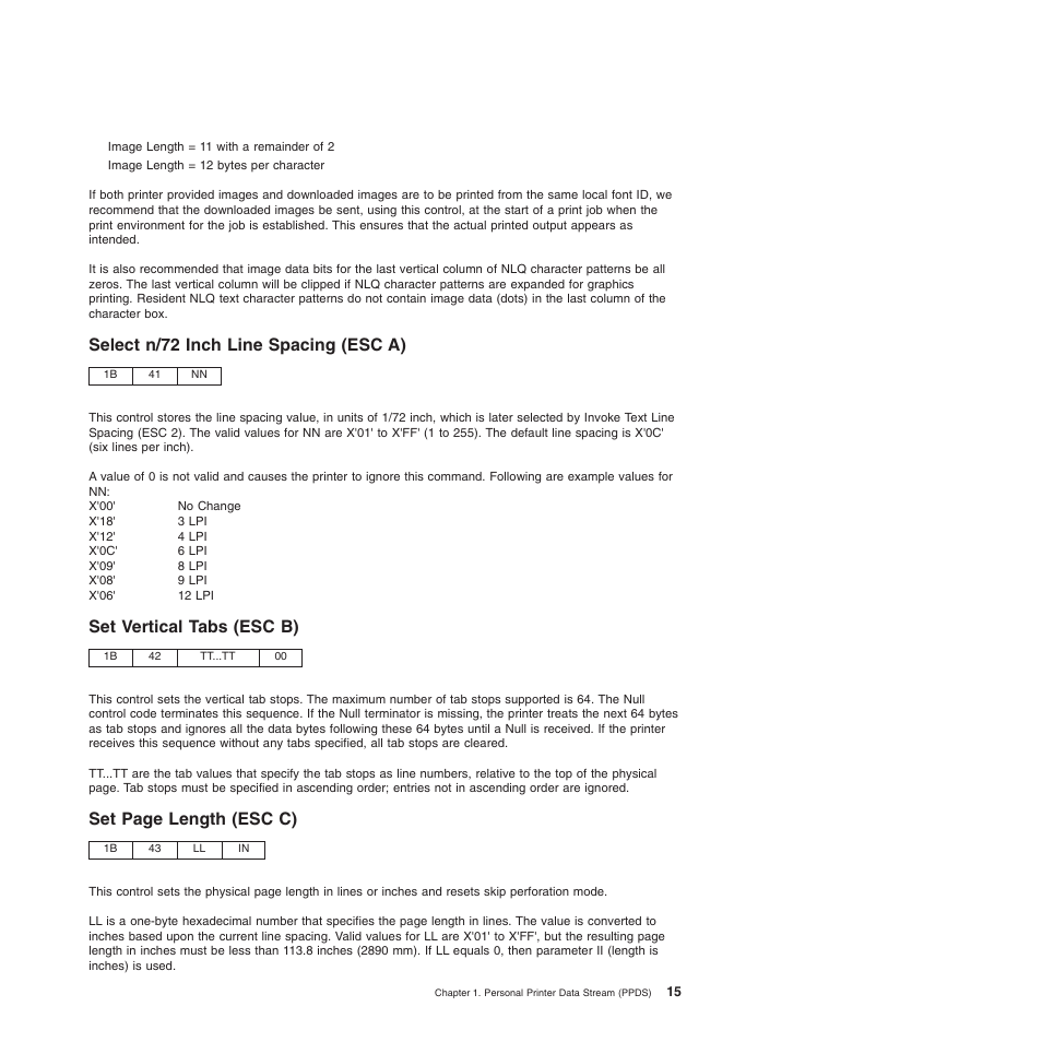 Select n/72 inch line spacing (esc a), Set vertical tabs (esc b), Set page length (esc c) | Compuprint 4247-Z03 Programmer Manual User Manual | Page 35 / 380