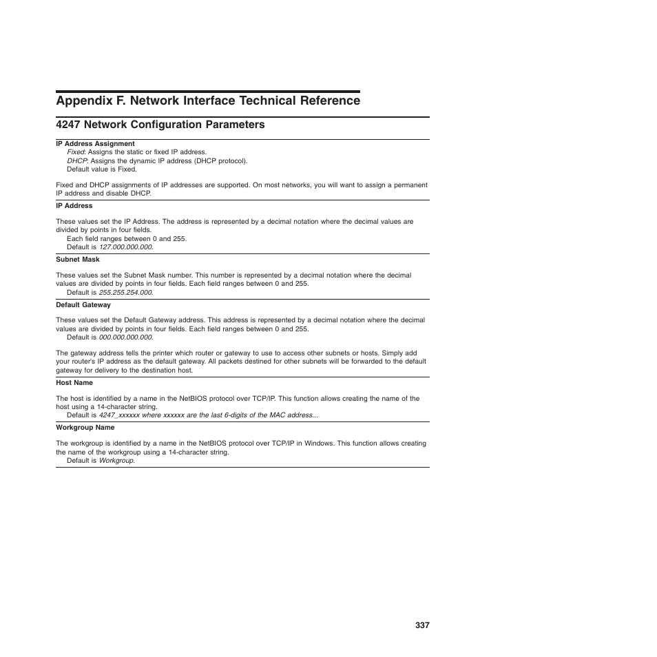 Appendix f. network interface technical reference, 4247 network configuration parameters | Compuprint 4247-Z03 Programmer Manual User Manual | Page 357 / 380