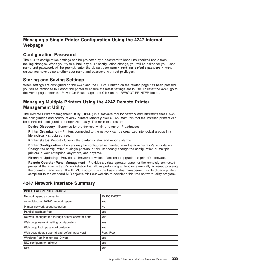 Configuration password, Storing and saving settings, 4247 network interface summary | Configuration password storing and saving settings | Compuprint 4247-Z03 Programmer Manual User Manual | Page 359 / 380