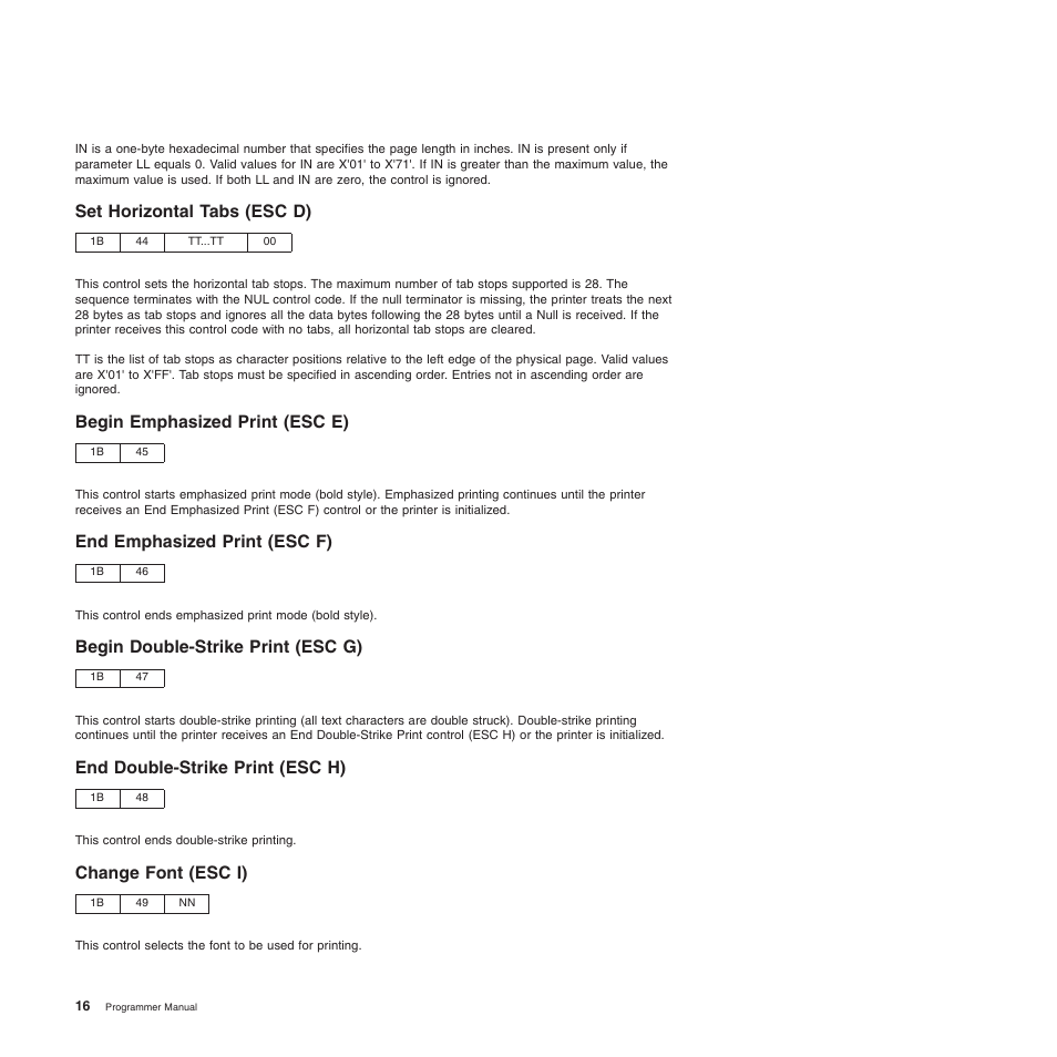 Set horizontal tabs (esc d), Begin emphasized print (esc e), End emphasized print (esc f) | Begin double-strike print (esc g), End double-strike print (esc h), Change font (esc i) | Compuprint 4247-Z03 Programmer Manual User Manual | Page 36 / 380