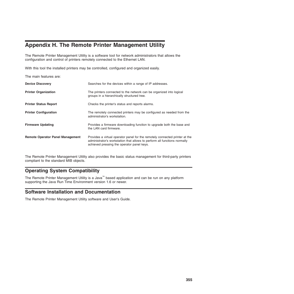 Appendix h. the remote printer management utility, Operating system compatibility, Software installation and documentation | Compuprint 4247-Z03 Programmer Manual User Manual | Page 375 / 380