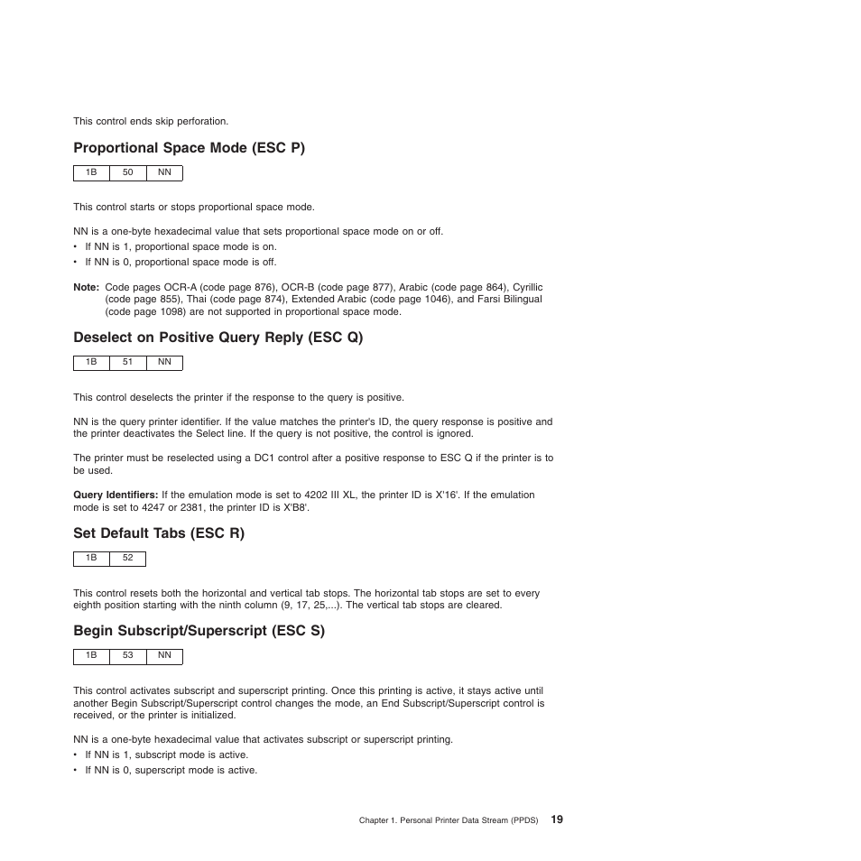 Proportional space mode (esc p), Deselect on positive query reply (esc q), Set default tabs (esc r) | Begin subscript/superscript (esc s) | Compuprint 4247-Z03 Programmer Manual User Manual | Page 39 / 380