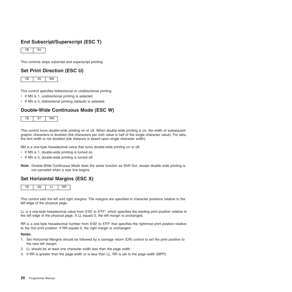 End subscript/superscript (esc t), Set print direction (esc u), Double-wide continuous mode (esc w) | Set horizontal margins (esc x) | Compuprint 4247-Z03 Programmer Manual User Manual | Page 40 / 380