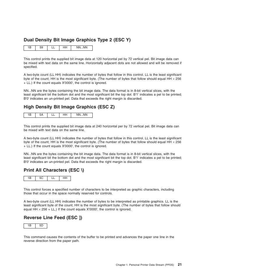 Dual density bit image graphics type 2 (esc y), High density bit image graphics (esc z), Print all characters (esc \) | Reverse line feed (esc ]) | Compuprint 4247-Z03 Programmer Manual User Manual | Page 41 / 380