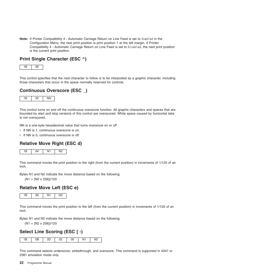 Print single character (esc ^), Continuous overscore (esc _), Relative move right (esc d) | Relative move left (esc e), Select line scoring (esc [ -) | Compuprint 4247-Z03 Programmer Manual User Manual | Page 42 / 380