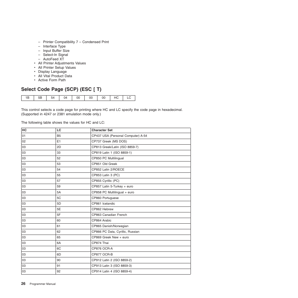 Select code page (scp) (esc [ t) | Compuprint 4247-Z03 Programmer Manual User Manual | Page 46 / 380