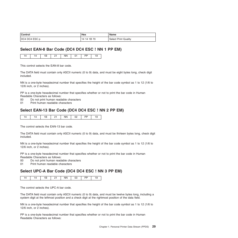 Select ean-8 bar code (dc4 dc4 esc ! nn 1 pp em), Select ean-13 bar code (dc4 dc4 esc ! nn 2 pp em), Select upc-a bar code (dc4 dc4 esc ! nn 3 pp em) | Compuprint 4247-Z03 Programmer Manual User Manual | Page 49 / 380