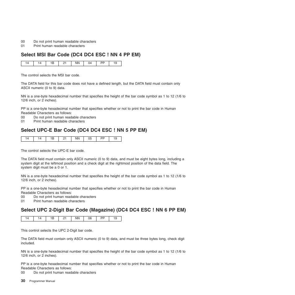 Select msi bar code (dc4 dc4 esc ! nn 4 pp em), Select upc-e bar code (dc4 dc4 esc ! nn 5 pp em) | Compuprint 4247-Z03 Programmer Manual User Manual | Page 50 / 380