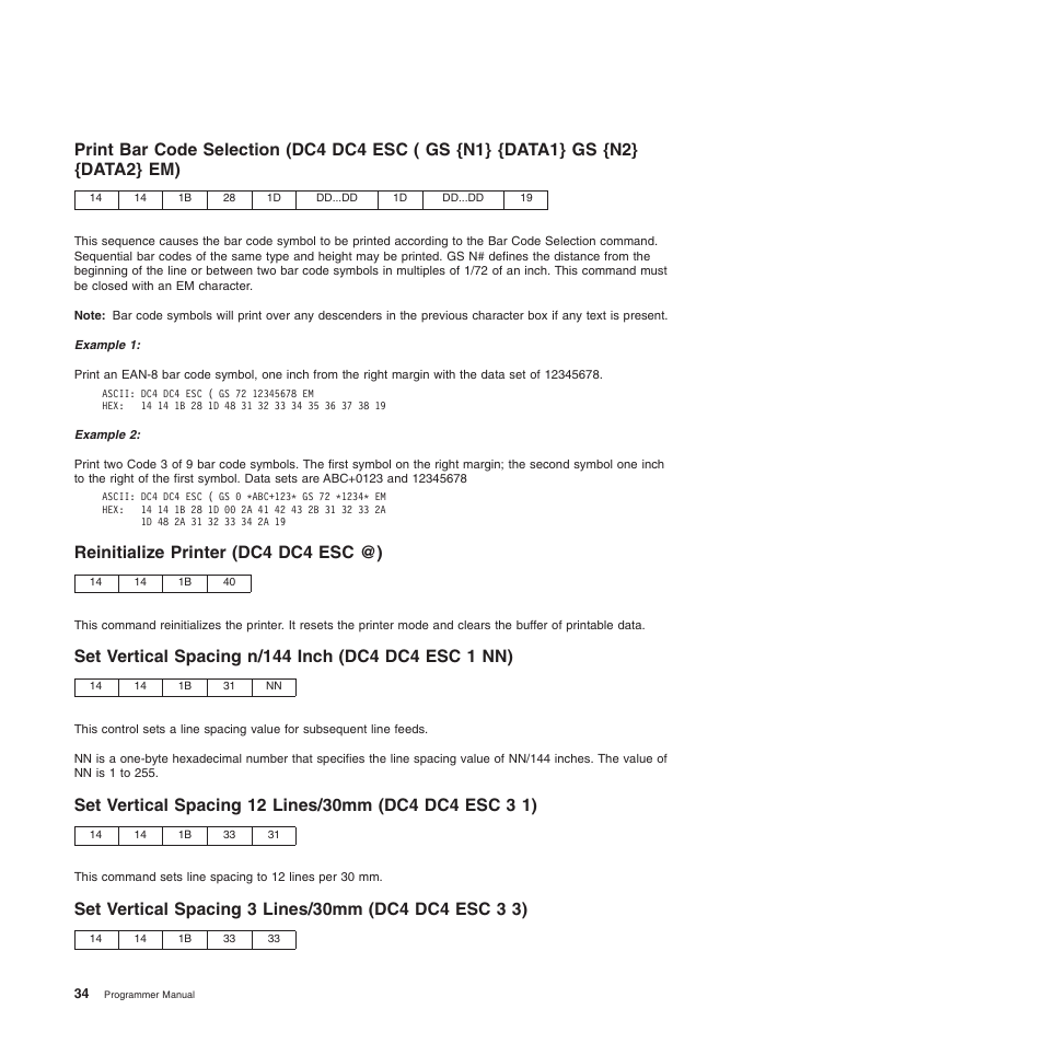 Reinitialize printer (dc4 dc4 esc @), Set vertical spacing n/144 inch (dc4 dc4 esc 1 nn) | Compuprint 4247-Z03 Programmer Manual User Manual | Page 54 / 380