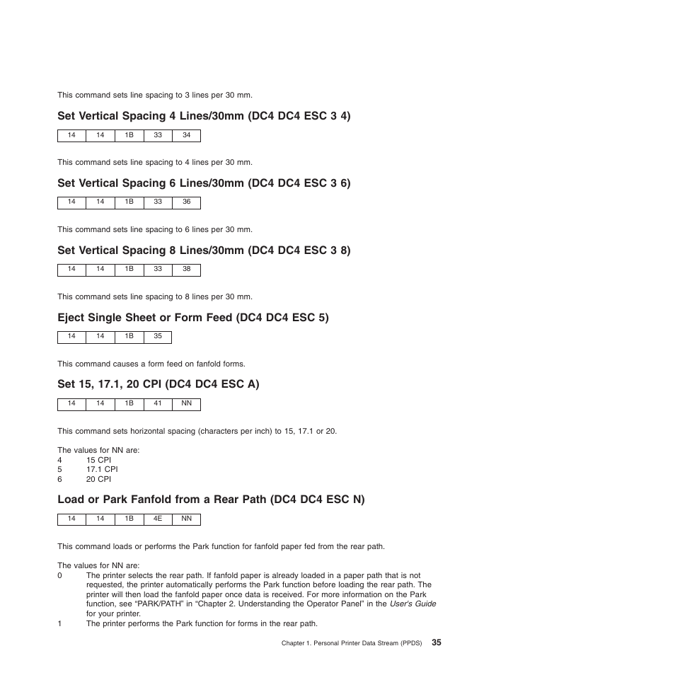 Eject single sheet or form feed (dc4 dc4 esc 5), Set 15, 17.1, 20 cpi (dc4 dc4 esc a) | Compuprint 4247-Z03 Programmer Manual User Manual | Page 55 / 380