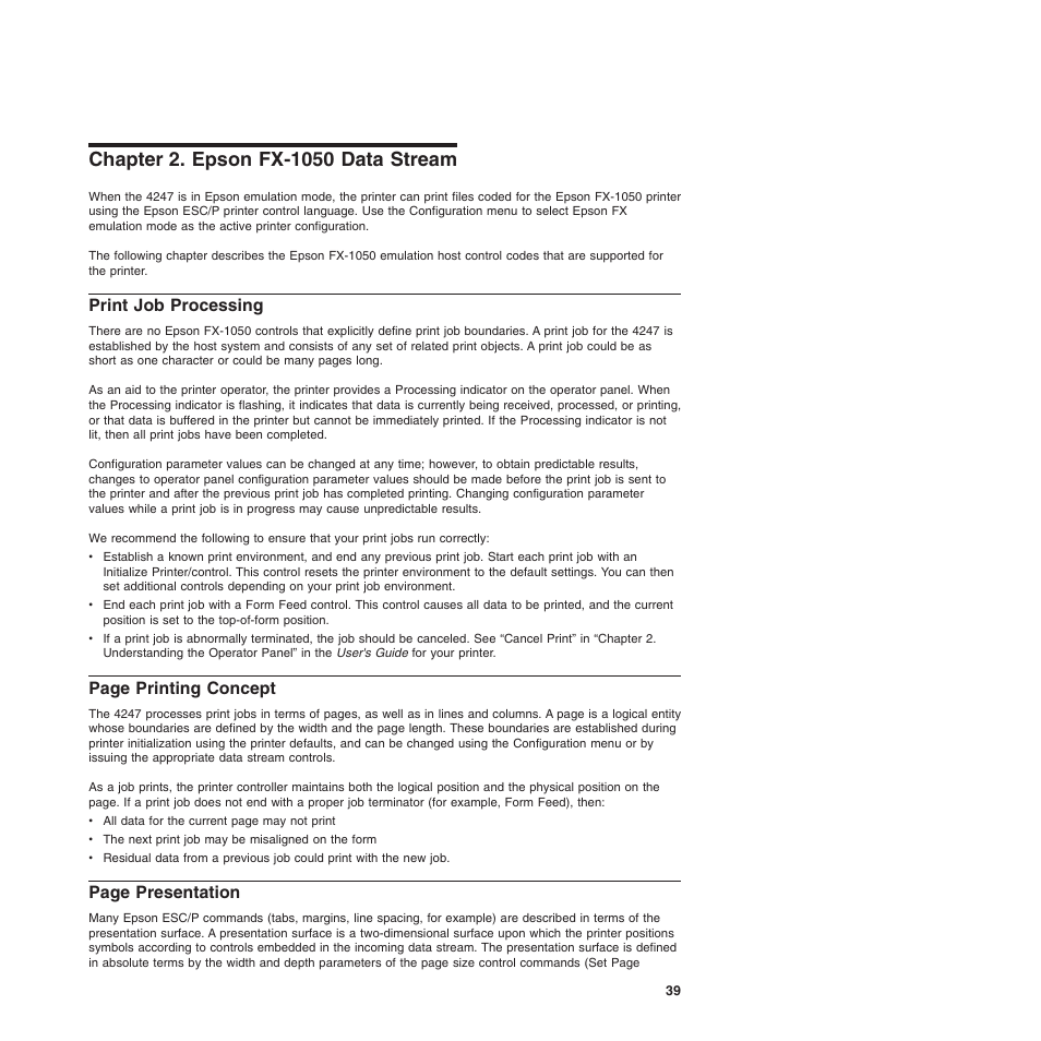 Chapter 2. epson fx-1050 data stream, Print job processing | Compuprint 4247-Z03 Programmer Manual User Manual | Page 59 / 380