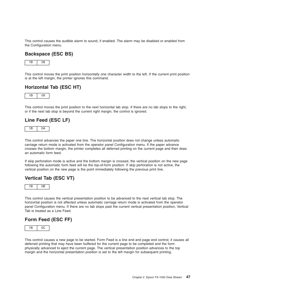 Backspace (esc bs), Horizontal tab (esc ht), Line feed (esc lf) | Vertical tab (esc vt), Form feed (esc ff), Horizontal tab (esc ht) line feed (esc lf), Vertical tab (esc vt) form feed (esc ff) | Compuprint 4247-Z03 Programmer Manual User Manual | Page 67 / 380