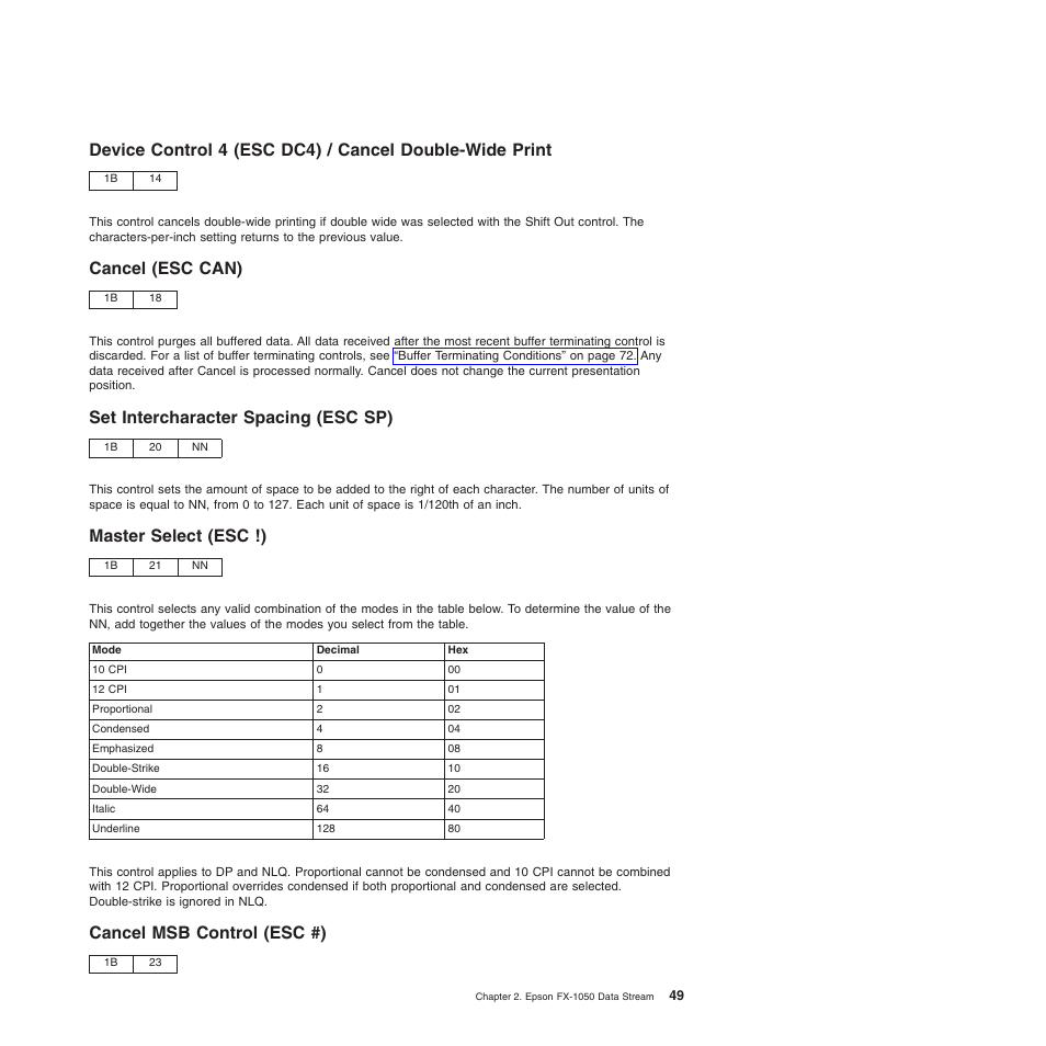 Cancel (esc can), Set intercharacter spacing (esc sp), Master select (esc !) | Cancel msb control (esc #) | Compuprint 4247-Z03 Programmer Manual User Manual | Page 69 / 380