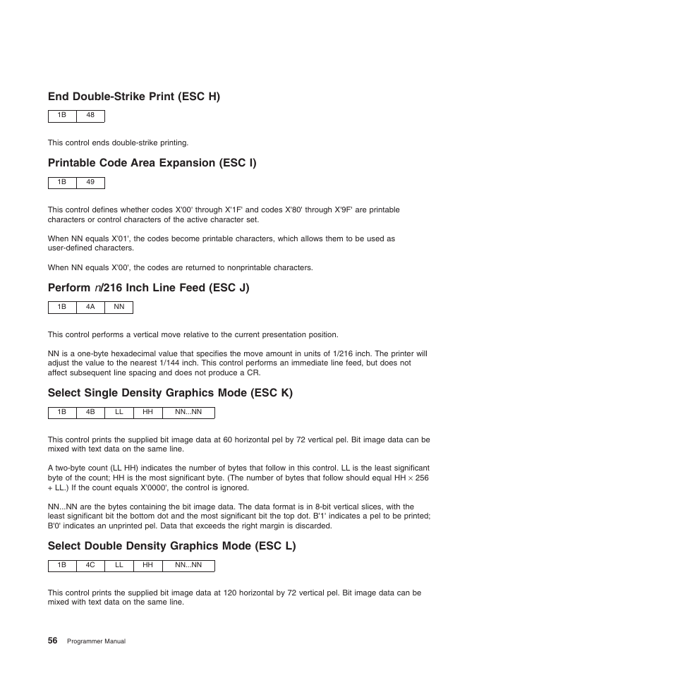 End double-strike print (esc h), Printable code area expansion (esc i), Perform n/216 inch line feed (esc j) | Select single density graphics mode (esc k), Select double density graphics mode (esc l), Perform n /216 inch line feed (esc j) | Compuprint 4247-Z03 Programmer Manual User Manual | Page 76 / 380