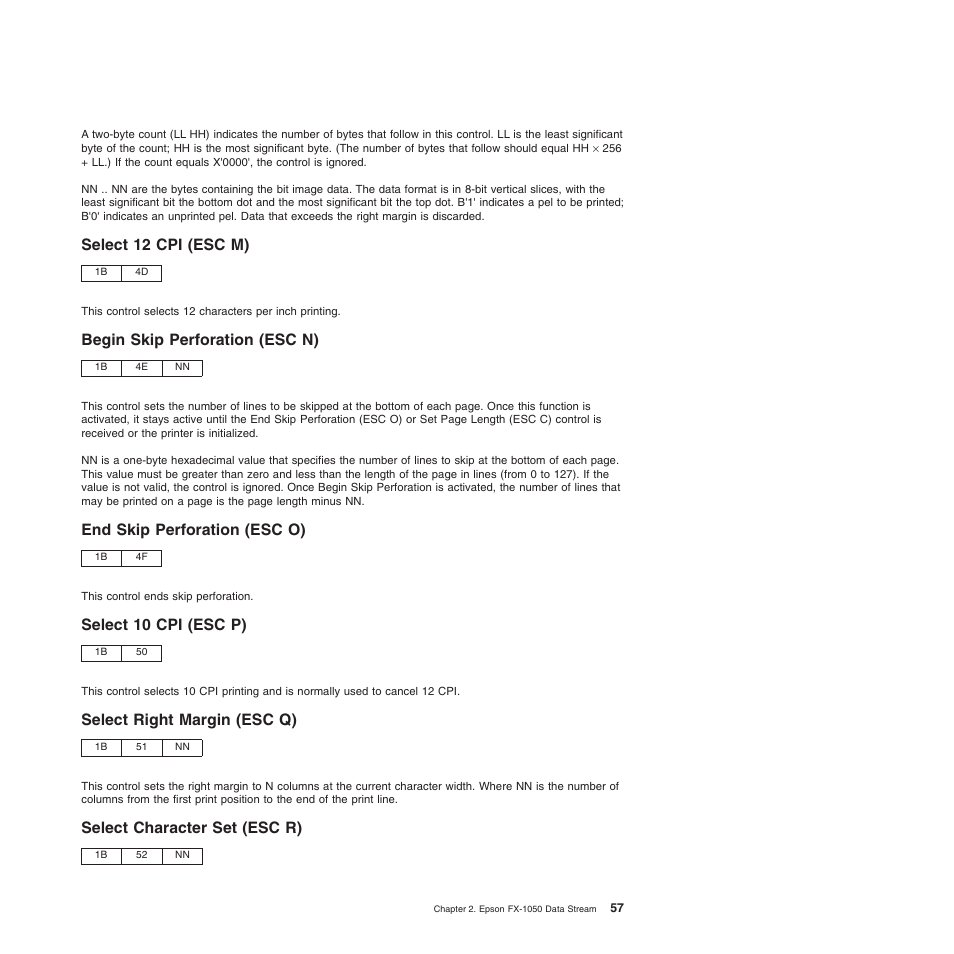 Select 12 cpi (esc m), Begin skip perforation (esc n), End skip perforation (esc o) | Select 10 cpi (esc p), Select right margin (esc q), Select character set (esc r) | Compuprint 4247-Z03 Programmer Manual User Manual | Page 77 / 380