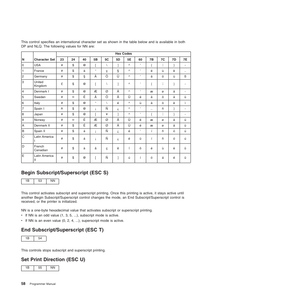 Begin subscript/superscript (esc s), End subscript/superscript (esc t), Set print direction (esc u) | Compuprint 4247-Z03 Programmer Manual User Manual | Page 78 / 380