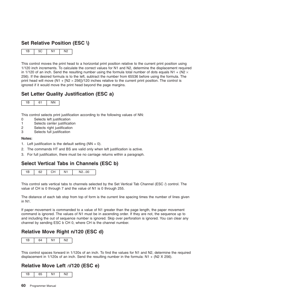 Set relative position (esc \), Set letter quality justification (esc a), Select vertical tabs in channels (esc b) | Relative move right n/120 (esc d), Relative move left n/120 (esc e), Relative move left n /120 (esc e) | Compuprint 4247-Z03 Programmer Manual User Manual | Page 80 / 380