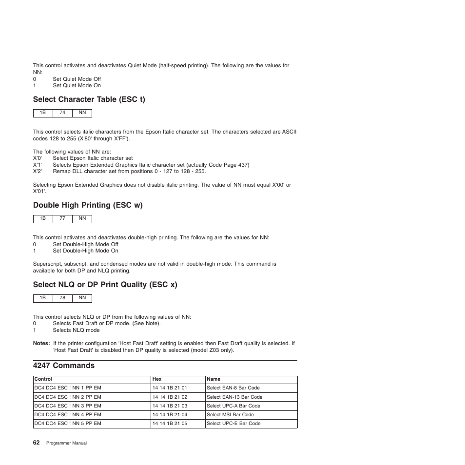 Select character table (esc t), Double high printing (esc w), Select nlq or dp print quality (esc x) | 4247 commands | Compuprint 4247-Z03 Programmer Manual User Manual | Page 82 / 380