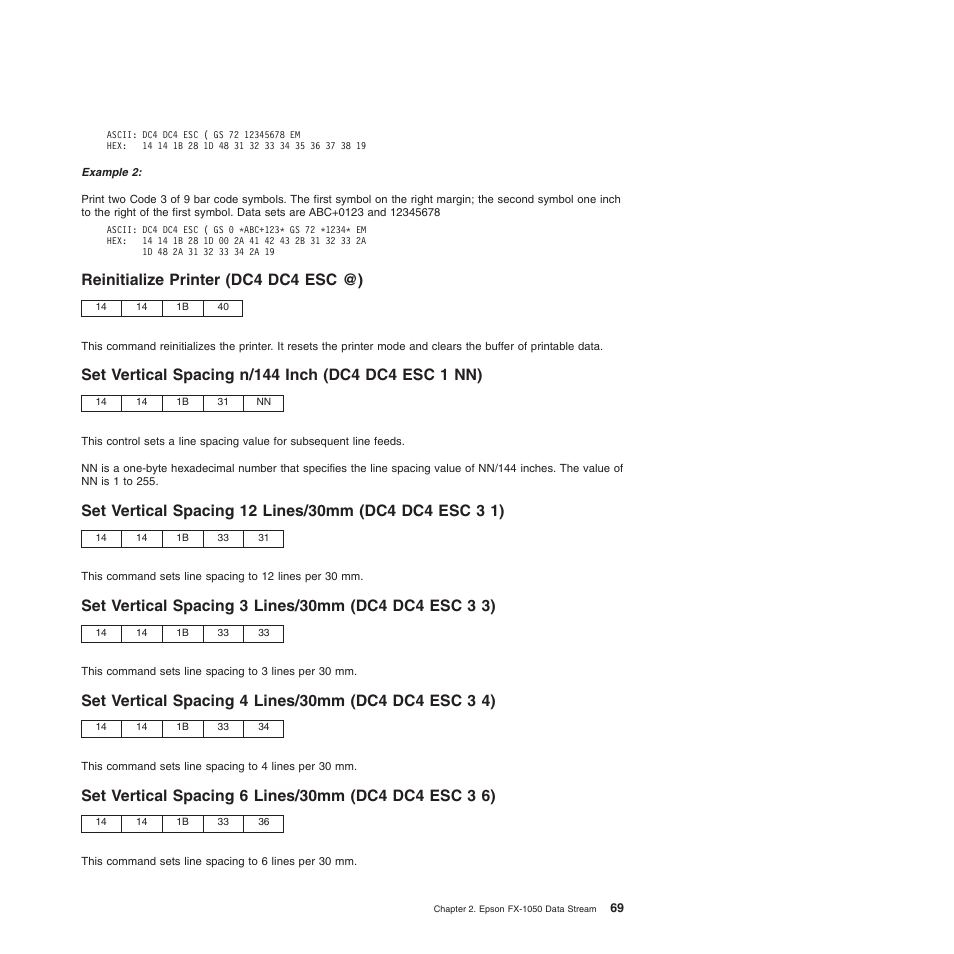 Reinitialize printer (dc4 dc4 esc @), Set vertical spacing n/144 inch (dc4 dc4 esc 1 nn) | Compuprint 4247-Z03 Programmer Manual User Manual | Page 89 / 380