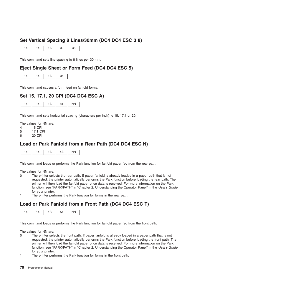 Eject single sheet or form feed (dc4 dc4 esc 5), Set 15, 17.1, 20 cpi (dc4 dc4 esc a) | Compuprint 4247-Z03 Programmer Manual User Manual | Page 90 / 380