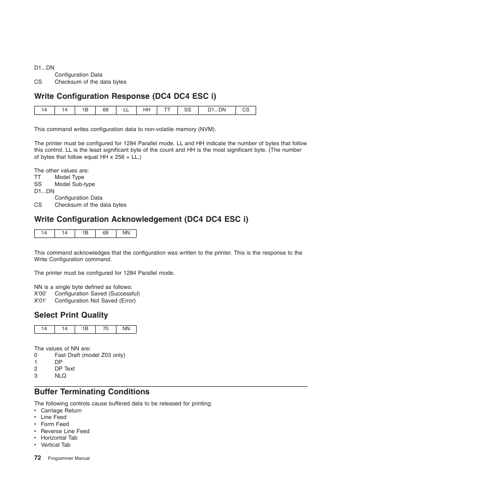 Write configuration response (dc4 dc4 esc i), Select print quality, Buffer terminating conditions | Compuprint 4247-Z03 Programmer Manual User Manual | Page 92 / 380