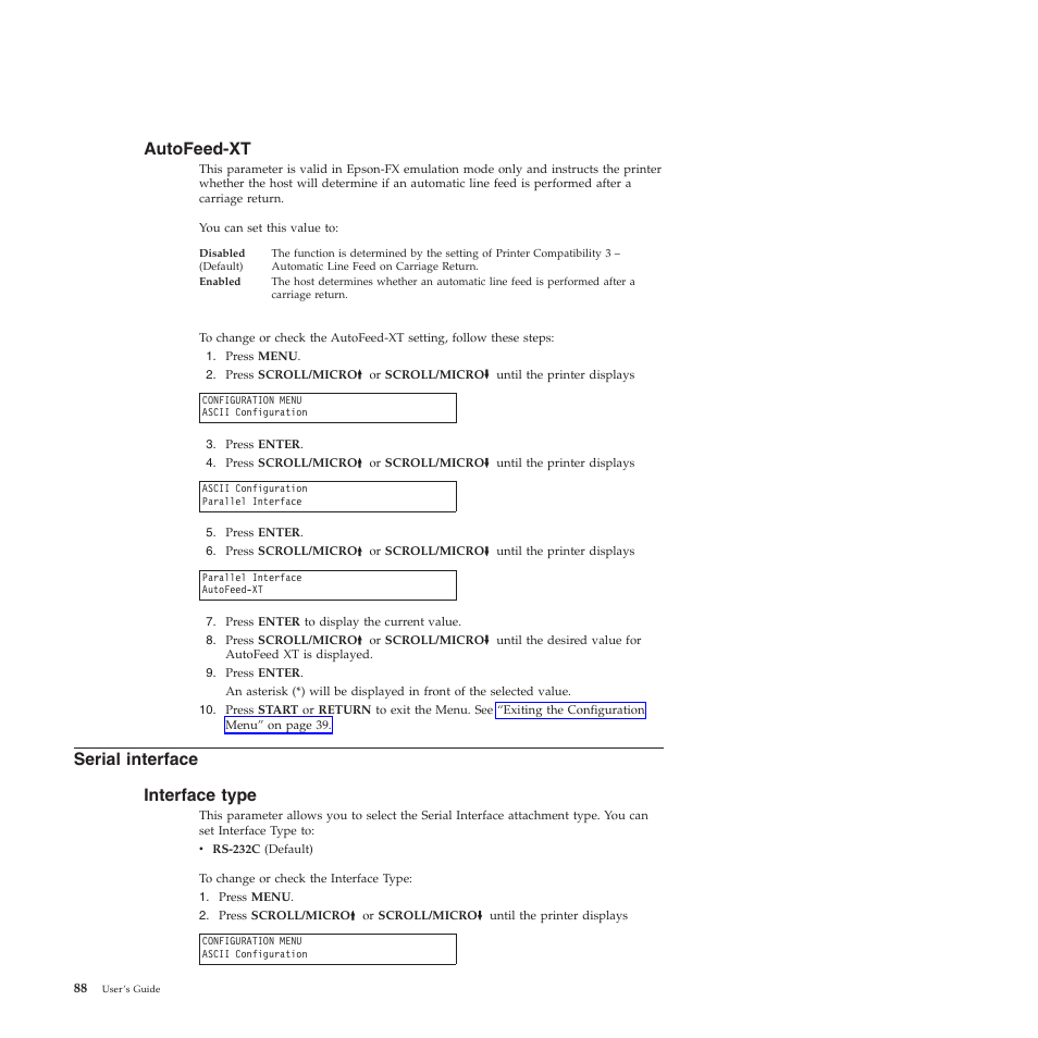 Autofeed-xt, Serial interface, Interface type | Serial interface interface type | Compuprint 4247-X03 User Manual | Page 104 / 200