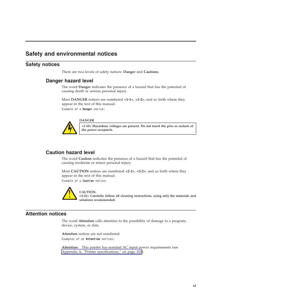 Safety and environmental notices, Safety notices, Danger hazard level | Caution hazard level, Attention notices, Safety and environmental notices . . . xi | Compuprint 4247-X03 User Manual | Page 11 / 200