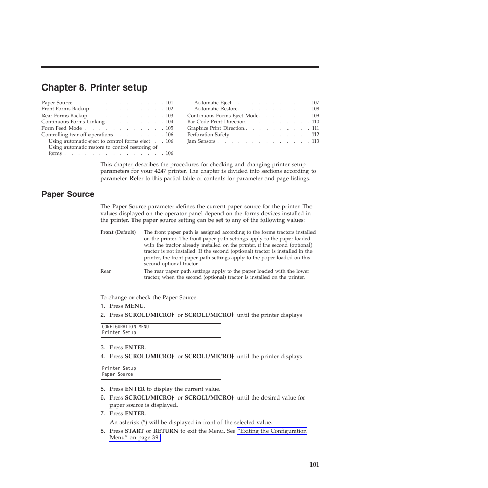 Chapter 8. printer setup, Paper source, Chapter 8, “printer setup | Compuprint 4247-X03 User Manual | Page 117 / 200
