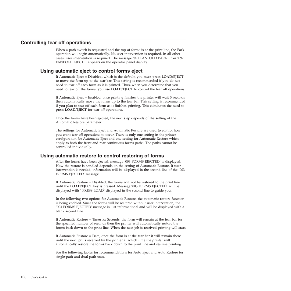 Controlling tear off operations, Using automatic eject to control forms eject | Compuprint 4247-X03 User Manual | Page 122 / 200