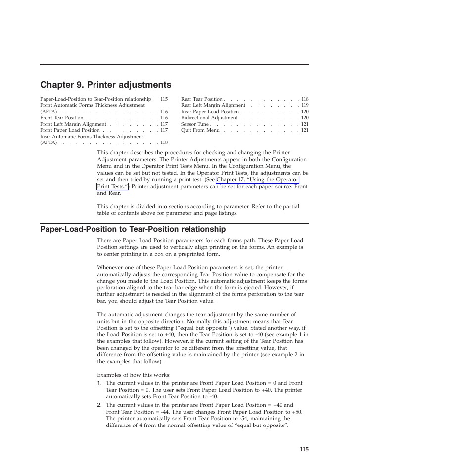 Chapter 9. printer adjustments, Paper-load-position to tear-position relationship, Chapter 9, “printer adjustments | Compuprint 4247-X03 User Manual | Page 131 / 200