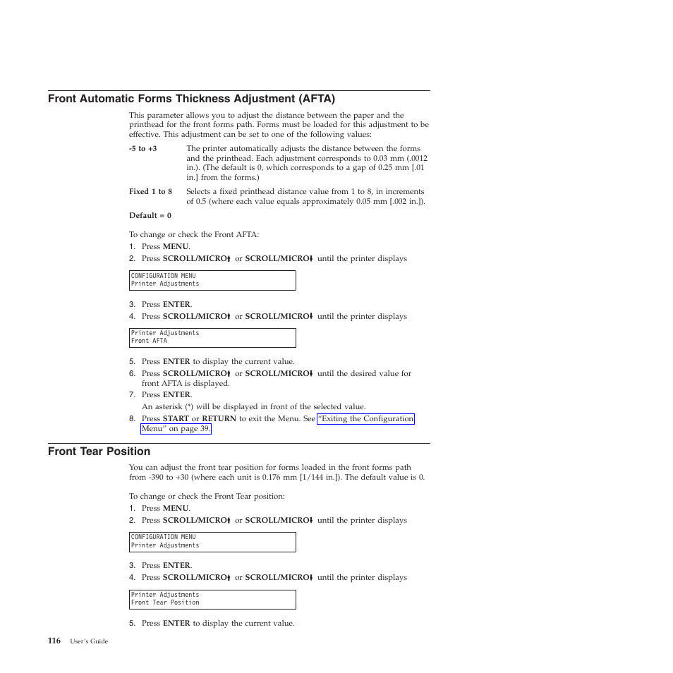 Front automatic forms thickness adjustment (afta), Front tear position | Compuprint 4247-X03 User Manual | Page 132 / 200