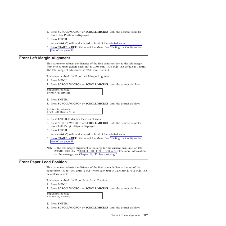Front left margin alignment, Front paper load position | Compuprint 4247-X03 User Manual | Page 133 / 200