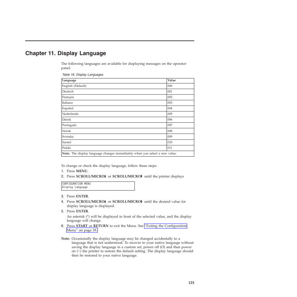 Chapter 11. display language, Display languages, Chapter 11, “display language | Compuprint 4247-X03 User Manual | Page 141 / 200