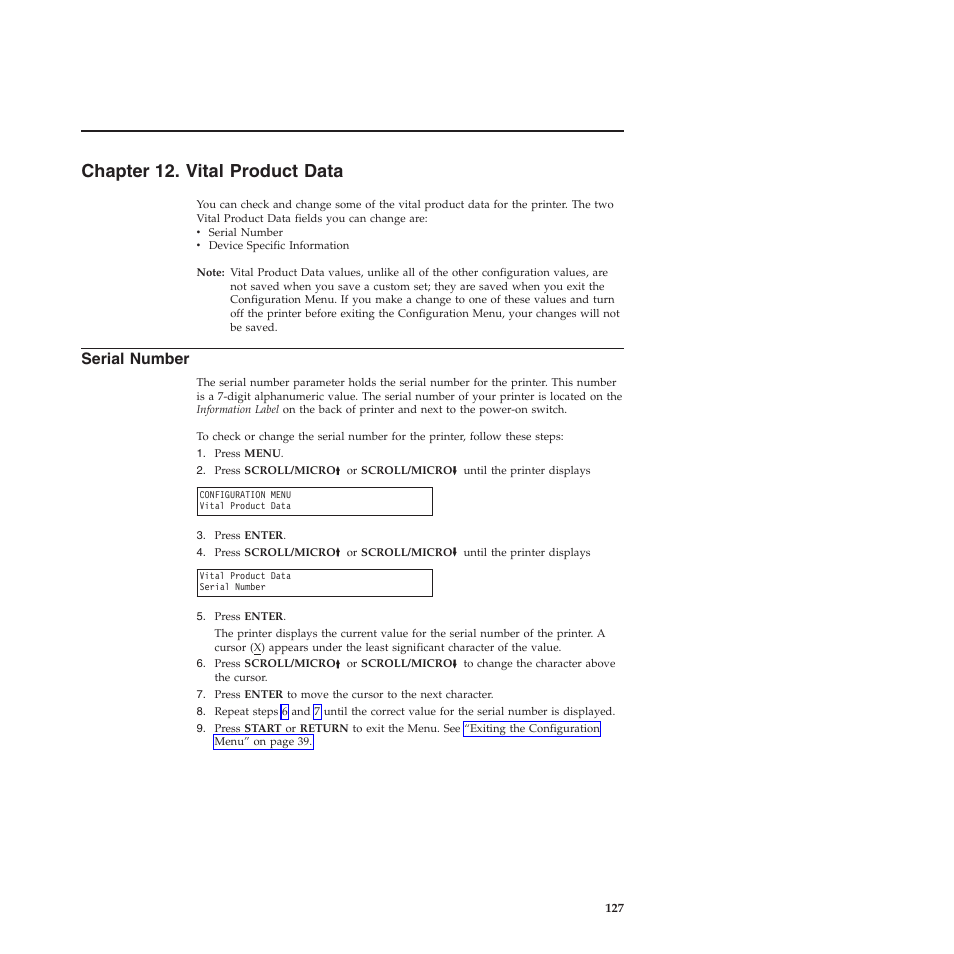 Chapter 12. vital product data, Serial number, Chapter 12, “vital product data | Compuprint 4247-X03 User Manual | Page 143 / 200